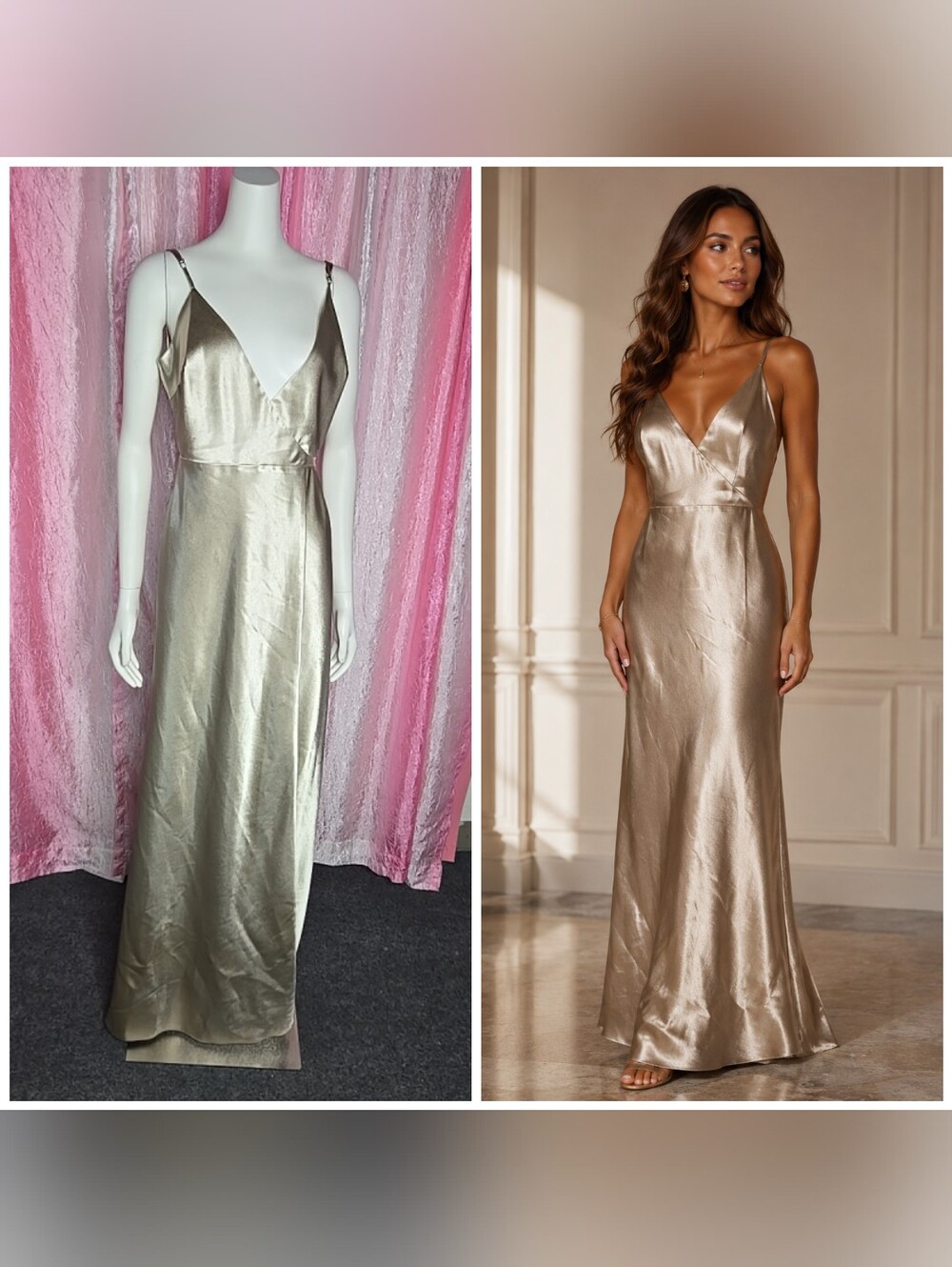 Birdy Grey Stunning Champagne Gold Satin Wrap Maxi Evening Dress Size Medium